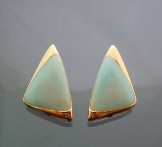  Vintage Jade Green Enamel Coated Triangle Earrings Gold GP Post 3cm