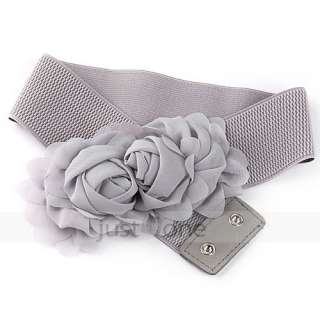 Fashion Sweet Lady Girl Chiffon Flower Double Rose Buckle Elastic Belt 