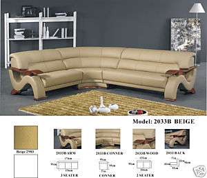 Modern Beige Leather Sectional Sofa with Mahogony Arms  