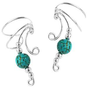   Silver Left And Right Curly Q Turquoise Bead Ear Cuff Set Jewelry
