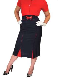 Vintage Pencil Skirt Navy Linen W/Red Piping 1940S  