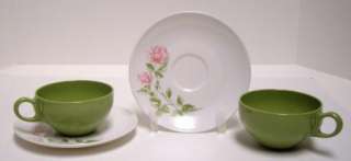   OD Onedia Deluxe Cups & Saucers Melmac Melamine Green Pink Roses Retro