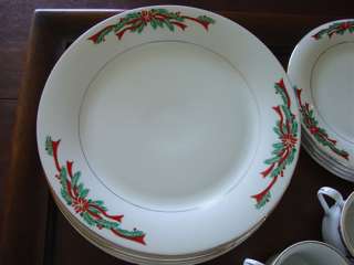 16 Pc Christmas Dishes Poinsettias & Ribbons Green Pine  