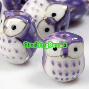 10 Pcs Purple Porcelain Owl Beads 15mm PB0012  