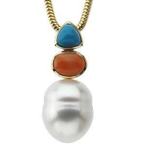  Gold South Sea Cultured Pearl, Genuine Turquoise And Genuine Coral 