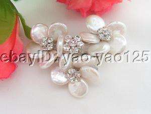 GREAT 11MM White Coin Pearl&Rhinestone Brooch  
