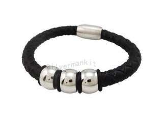   Silver Beads Stainless Steel Magnetic Clasp Leather Bracelet  
