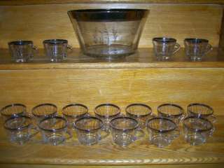 Silver Rimmed Punch Bowl & Cups w/ R Etched in Glass  