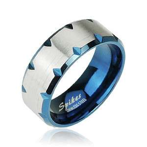 Stainless Steel Wedding Band Ring Blue Faceted Edge Accent New T127 