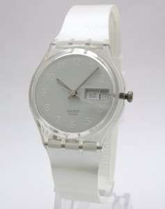 New Swatch Swiss Snowcovered White Band Day Date Watch 35mm GK733 