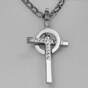 Mens Jewelry Brilliant Crystals Studded Silver Stainless Steel Cross 