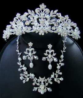 Crystal & Pearl Couture Bridal Jewelry/Tiara Set  