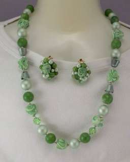 Vintage Bead Cluster Earring Necklace Set Mint Green Bubble Gum Bead 
