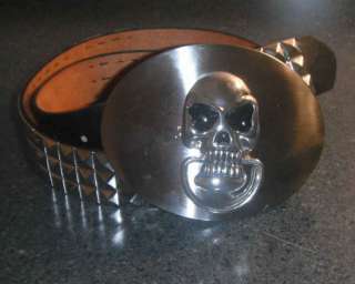 SILVER SKULL SHIELD buckle with Studded leather belt NEW  