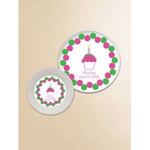  Preppy Plates Personalized Bowl and Plate Set/Pink Cupcake 