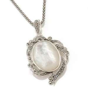  Sterling Silver Mother of Pearl & Marcasite Oval Pendant w 