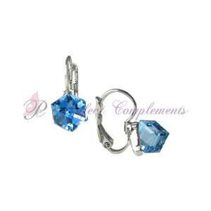 Classic Euro Aquamarine Square Prism Swarovski Crystal Earrings with 