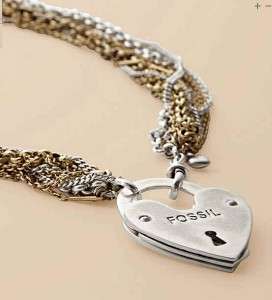 85 FOSSIL BRAND Multi Chain Heart Lock Pendant Necklace ~ NWT  