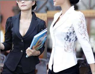 Korea Womens Hollow Lace Sleeve Armpit Casual Slim Suits OL Blazer 