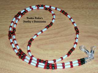 Holiday Eyeglass Chain Holder   Red, Green & White  