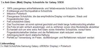 3x Samsung Galaxy ACE S5830 matt Displayschutzfolie Schutz Folie 