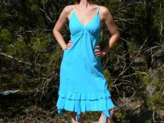 Cotton Gypsy Boho Sun Dress Smock Turquoise Medium  
