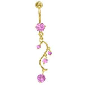 Pink Gold Plated Unique Vine 4 Gem Long Dangle Belly button Navel Ring 