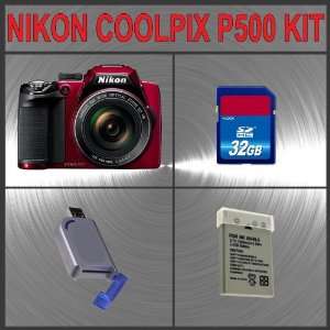  Nikon Coolpix P500 Digital Camera (Red) + Huge Accessories 
