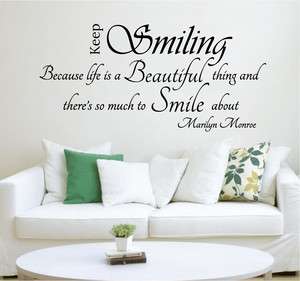 Keep Smiling ~ Marilyn Monroe Removable Wall Art Quote Art Decal 