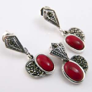 10+g Red Coral Gemstone Marcasite Genuine 925 Silver Earring Pendant 
