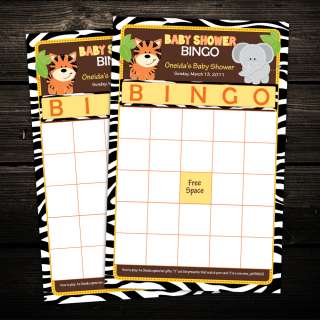 Zebra Jungle Safari Friends Baby Shower BINGO cards game activity 