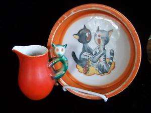 Volkstedt Germany Childs Cat Milk Pitcher & Bowl  