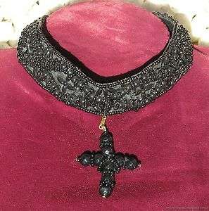 Antique Hand Beaded Black Victorian Mourning Collar Necklace w Bead 