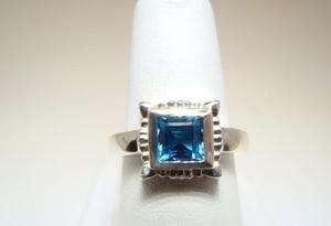 Blue Topaz Princess Cut Bezel Set Silver Ladys Ring  