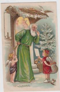 Green Robe Father Christmas Gold Gilt Angels Postcard  