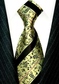   Italian Silk Tie Gold Black Yellow Paisleys Stripes 100% Silk  