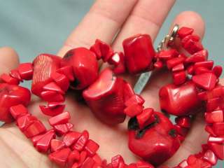 HUGE CHUNKY RED CORAL BEAD NECKLACE PIERCED EARRINGS SET NW41  