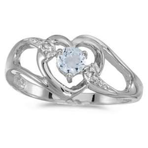   Gold March Birthstone Round Aquamarine And Diamond Heart Ring Jewelry