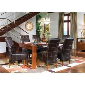  7pc Dining Table & Parson Chairs Set Black Leather Walnut 