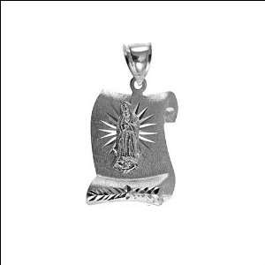  14k White Gold, Religious Scroll Pendant Charm Virgin Mary 