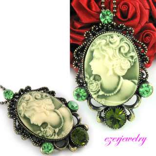 Antique Style Emerald Green Cameo Pin Pendant Necklace  