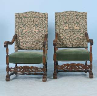 Pair, Antique Danish Embroidered Stag Arm Chairs c.1890  