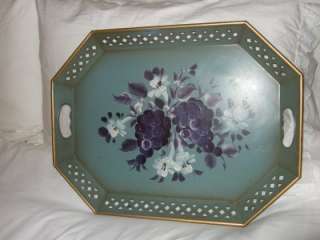 TOLEWARE*TABLE*DISPLAY*ANTIQUE*BLUE FLORAL PIERCED HANDLES Tole Tray 