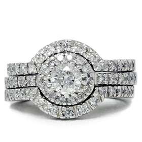 REAL 1.25CT DIAMOND ENGAGEMENT RING WEDDING SET TRIO PAVE HALO WHITE 