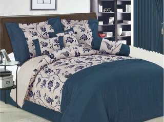   Blue and Beige Floral Flocking Comforter Set Bed in a bag, Queen Size