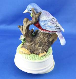 Blue Bird on Branch Glazed Porcelain Music Box Figurine  