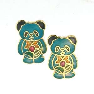 Gold Plated Panda Cloisonne Earrings with Post Backings   19mm x 13mm 