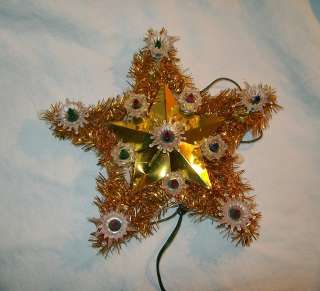 vintage Christmas star tree topper gold tinsel various colors lights 8 