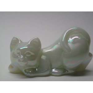   Stretching Cat Kitten Cast in White Carnival Glass 