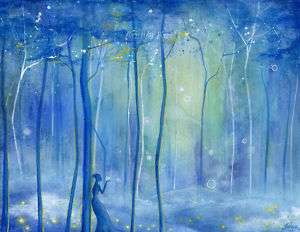 Blue Fantasy Firefly Forest Fairy Art ~ Modern Contemporary Landscape 